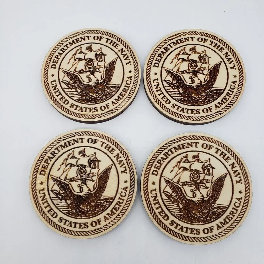 Wood Coasters w/Holder‎ U.S. Navy Logo Wood Burned. Desktop. Office. Decor. NICE